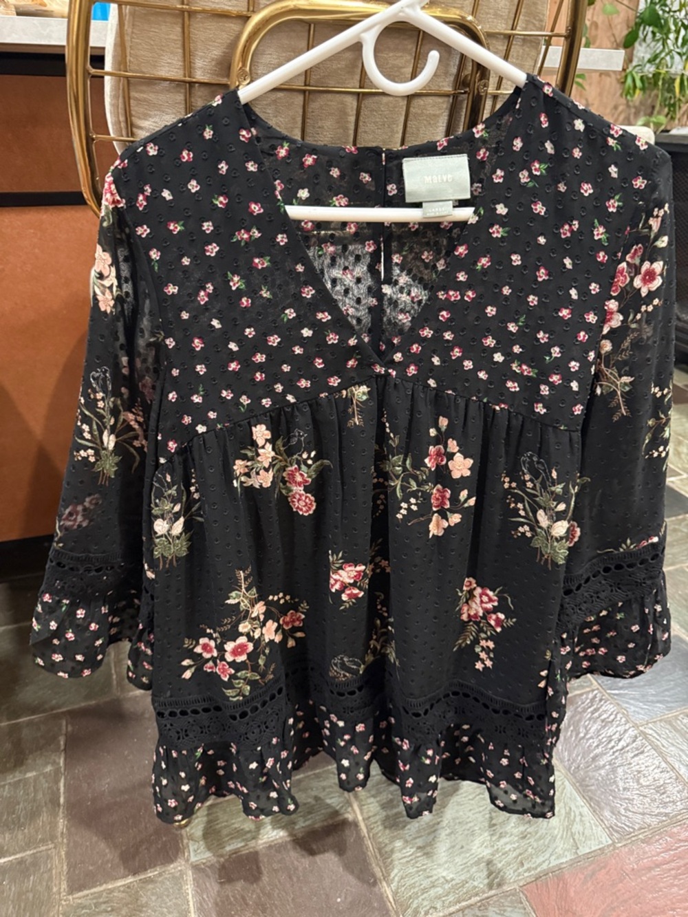 Maeve Black Floral V-Neck Peasant Tunic